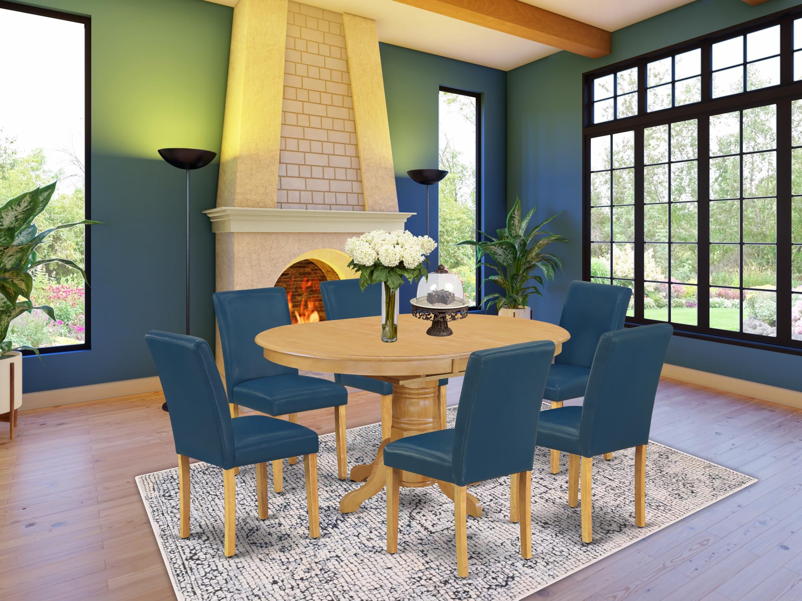 East West Furniture Avab7-Oak-55 7 Piece Dining Table Set Consist Of An Oval Dining Room Table With Butterfly Leaf And 6 Oasis Blue Faux Leather Upholstered Chairs, 42X60 Inch, Oak