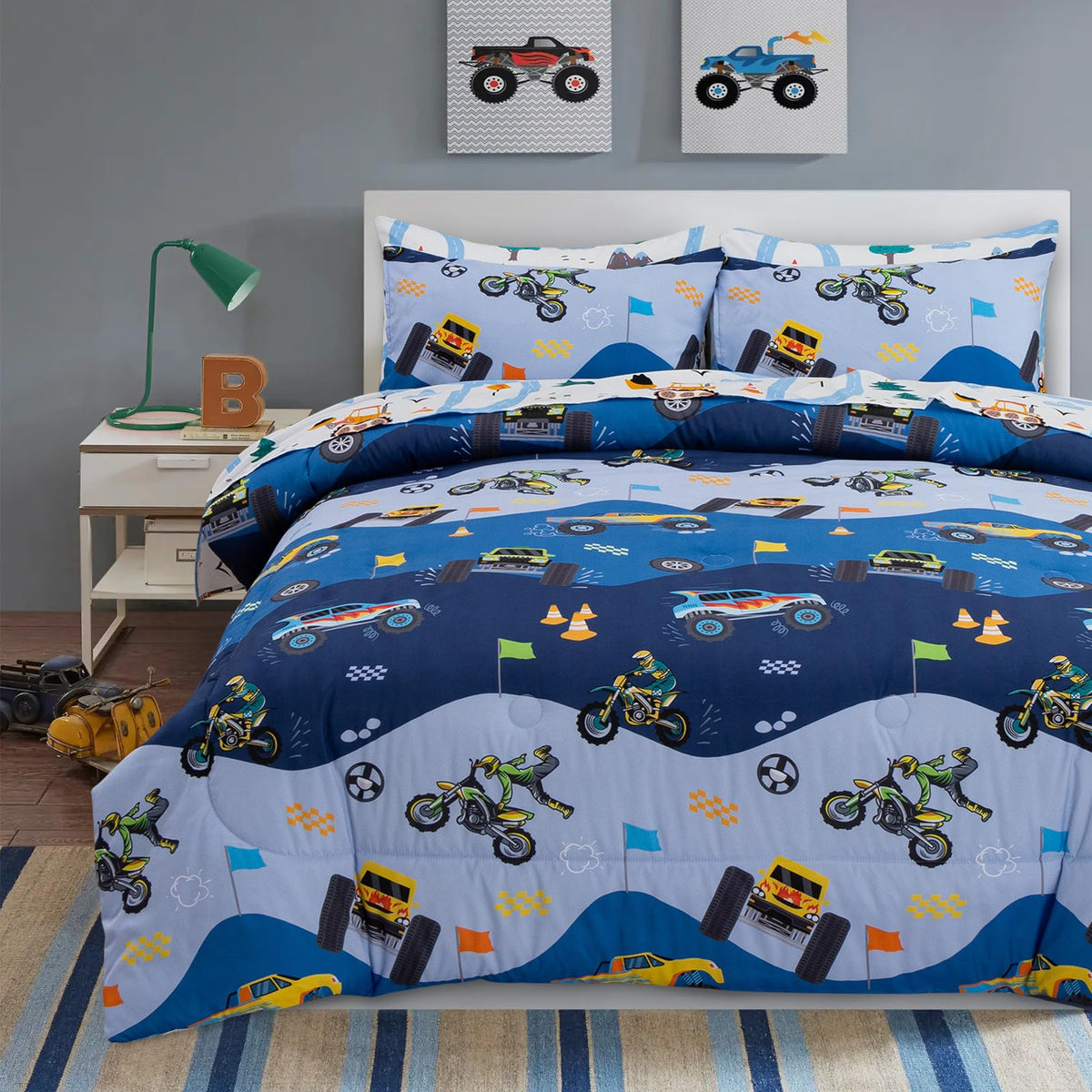 A Nice Night 5Pcs Bed In A Bag Cartoon Cartoon Car Kids Comforter Set Construction Bedding Set, Race Car Motorcycle Truck Pickup
