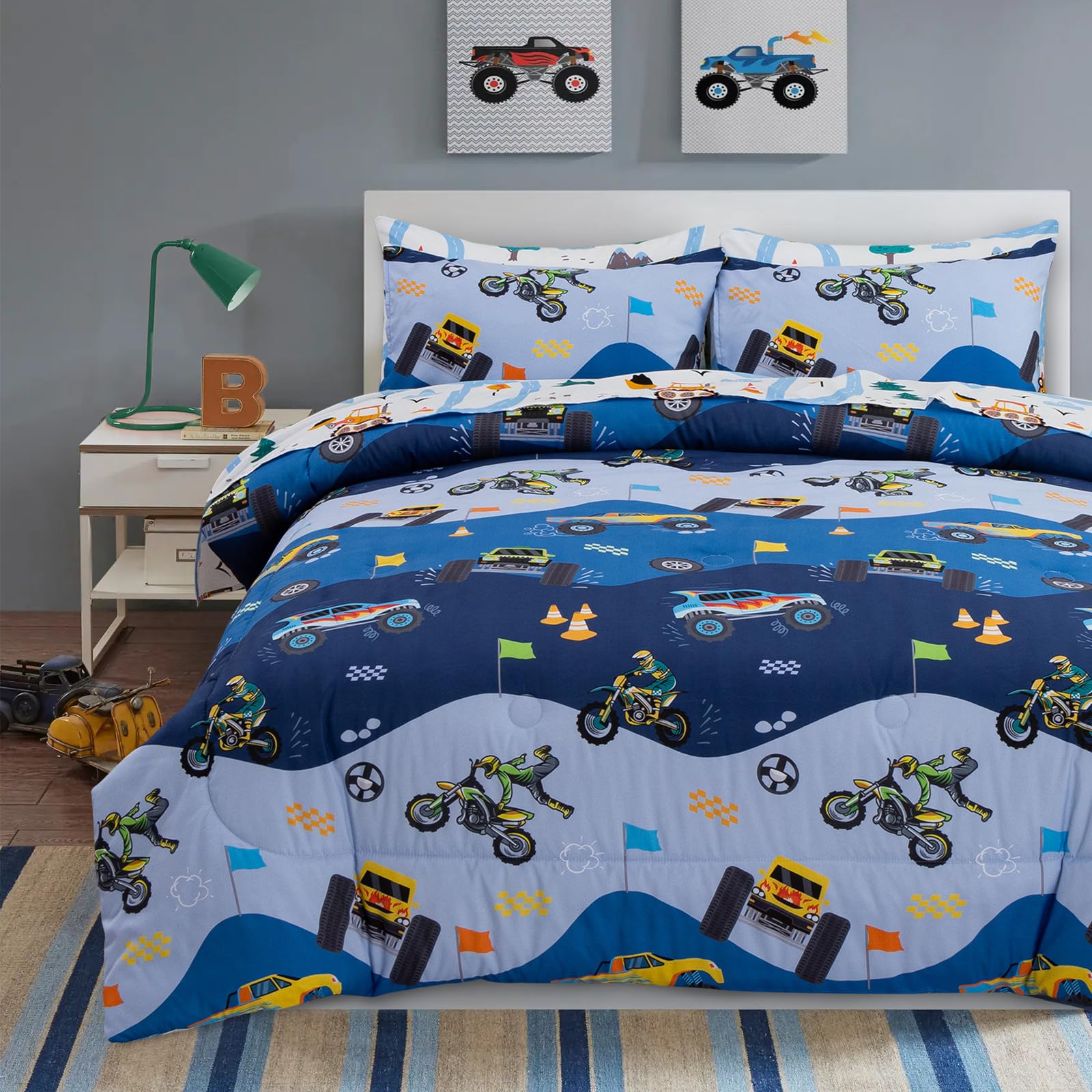 A Nice Night 5Pcs Bed In A Bag Cartoon Cartoon Car Kids Comforter Set Construction Bedding Set, Race Car Motorcycle Truck Pickup