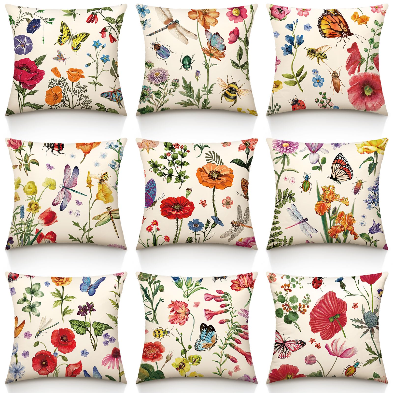 Mindsoft 9 Pcs Outdoor Patio Wildflower Throw Pillow Covers 18 X 18 Summer Garden Floral Pillow Covers Farmhouse Decor For Outsi