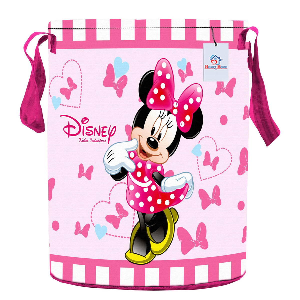 Heart Home Disney Minnie Print Round Non Woven Fabric Foldable Laundry Basket, Toy Storage Basket, Cloth Storage Basket with Han