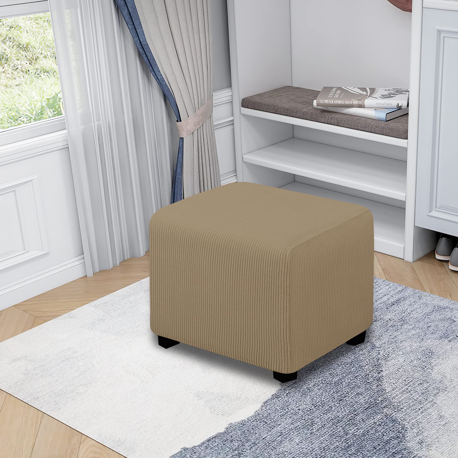 Easy-Going Stretch Square Ottoman Cover Folding Storage Stool Furniture Protector Soft Rectangle Slipcover With Elastic Bottom (15X15X15Inch, Tan)