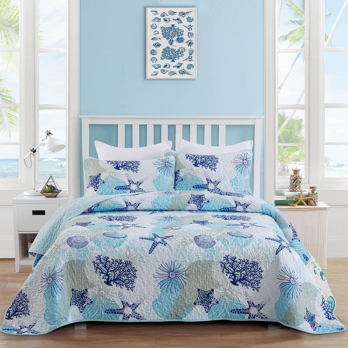 Dinjoy Coastal Quilt Set King Size, Blue Ocean Beach Themed Bedding Set Coral Seashell Conch Starfish Pattern Microfiber Lightwe