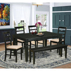 East West Furniture WEPF6D-BLK-C 6 Piece Dining Set Contains a Rectangle Dining Table with Butterfly Leaf and 4 Linen Fabric Upholstered Chairs with a Bench, 42x60 Inch, Black