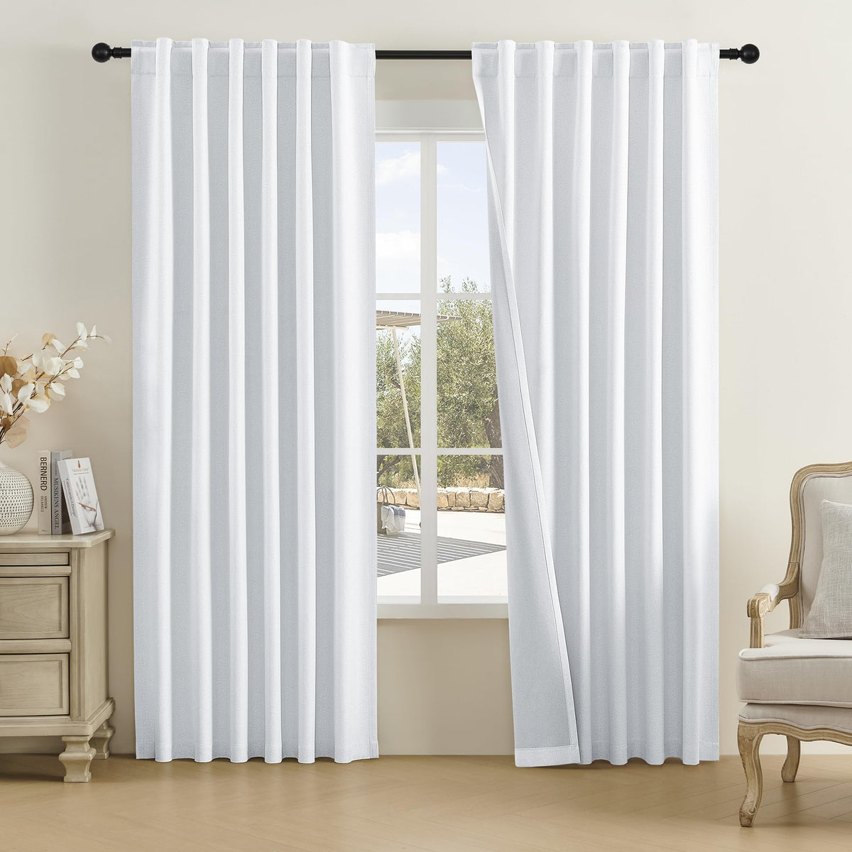 Dualife Greyish White Blackout Curtains White 84 Inch Long,Sun Heat&Light Blocking Thermal Insulated Drapes Linen Panels Pleated