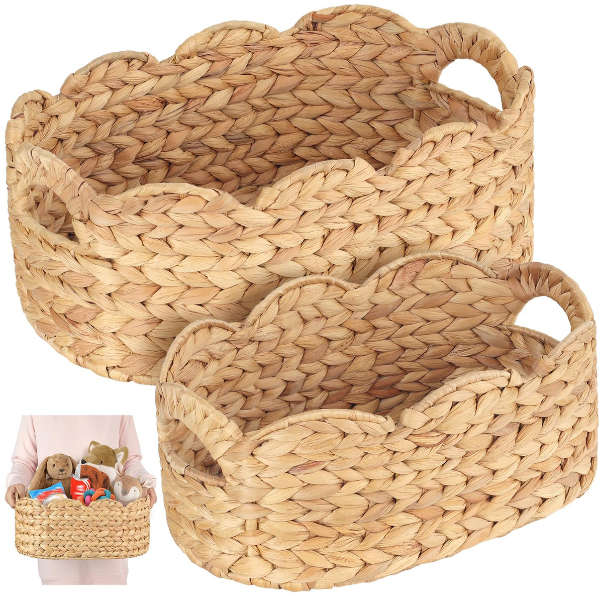 Scalloped Baskets (NaturalSet of 2), Storage Basket, Water Hyacinth Basket for Organizing and Decor, HandWoven Hyacinth Basket
