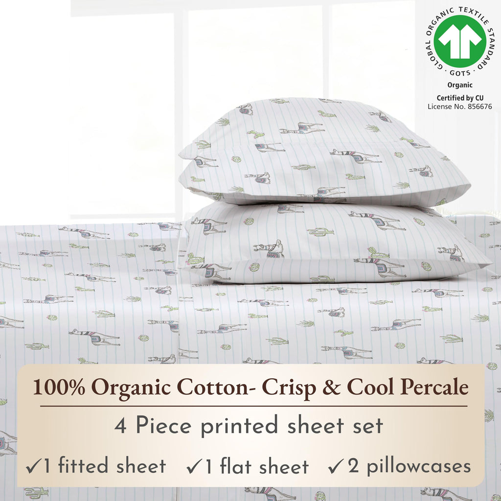California Design Den Printed Queen Size Bed Sheet Set, 100% Organic Cotton Percale Sheets, Deep Pocket Queen Sheets & Pillowcase Set - Llama