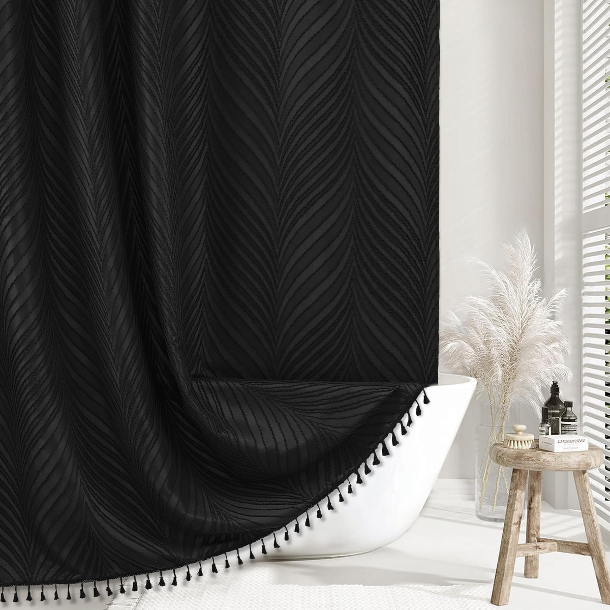 Siiluminisoy Extra Long Black Boho Shower Curtain Woven Fabric Cute 84 Inch Shower Curtain, 72 X 84 Tufted Leaves Textured Strip