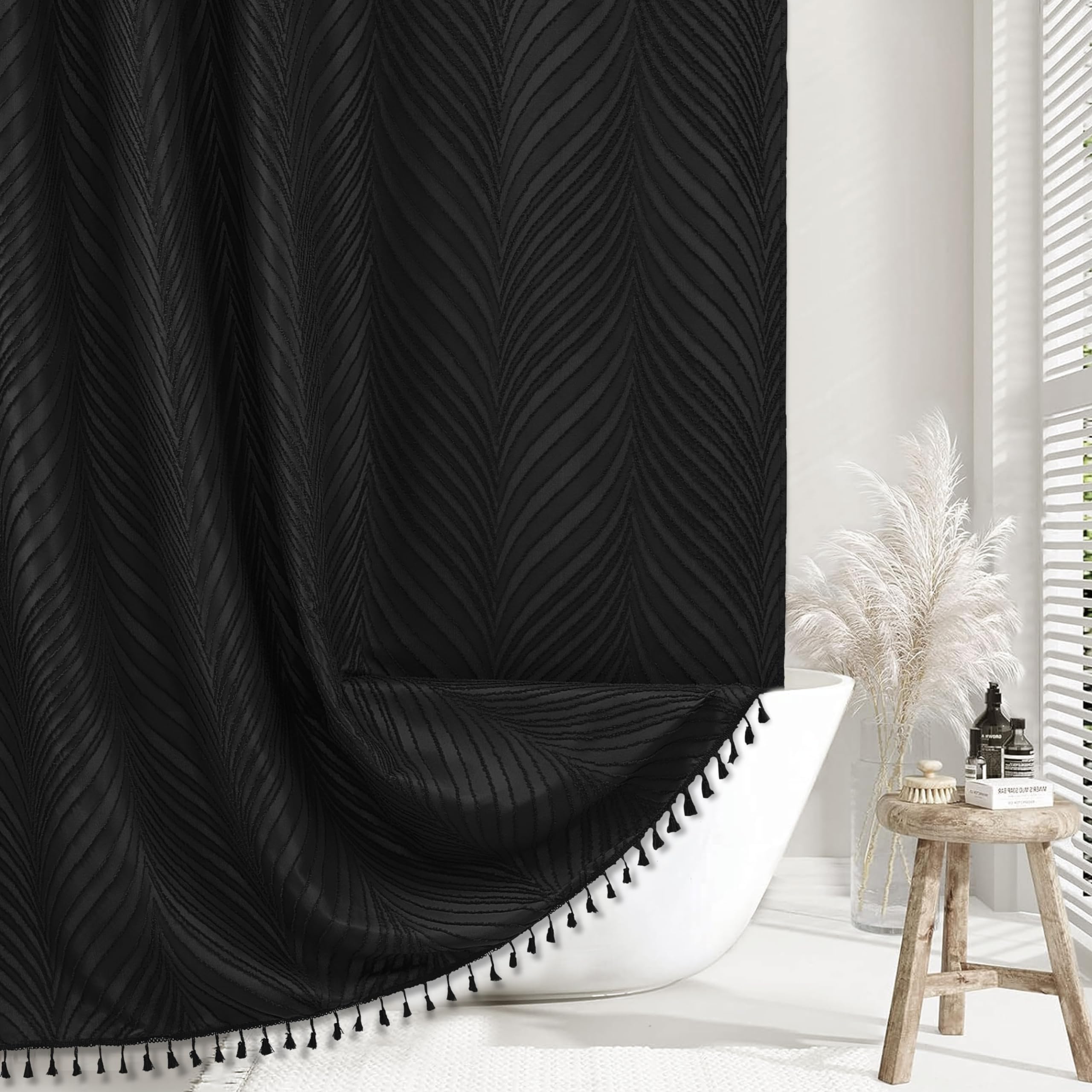 Siiluminisoy Black Boho Shower Curtain Woven Fabric Cute Shower Curtain, 72 X 72 Tufted Leaves Textured Striped Modern Farmhouse