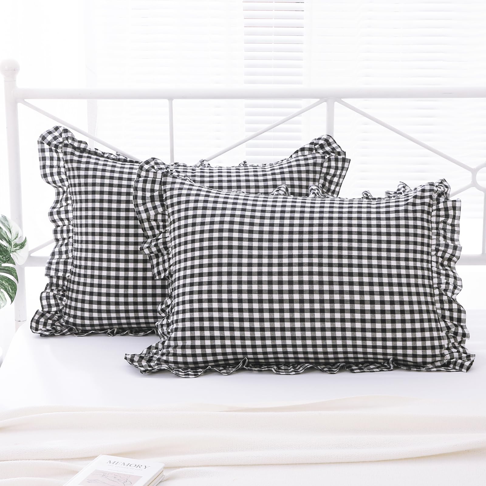K Masaniji 2 Pack Black And White Plaid Ruffle King Size Pillow Shams 20X36 Inches, Washed Cotton Buffalo Gingham Checkered Farm