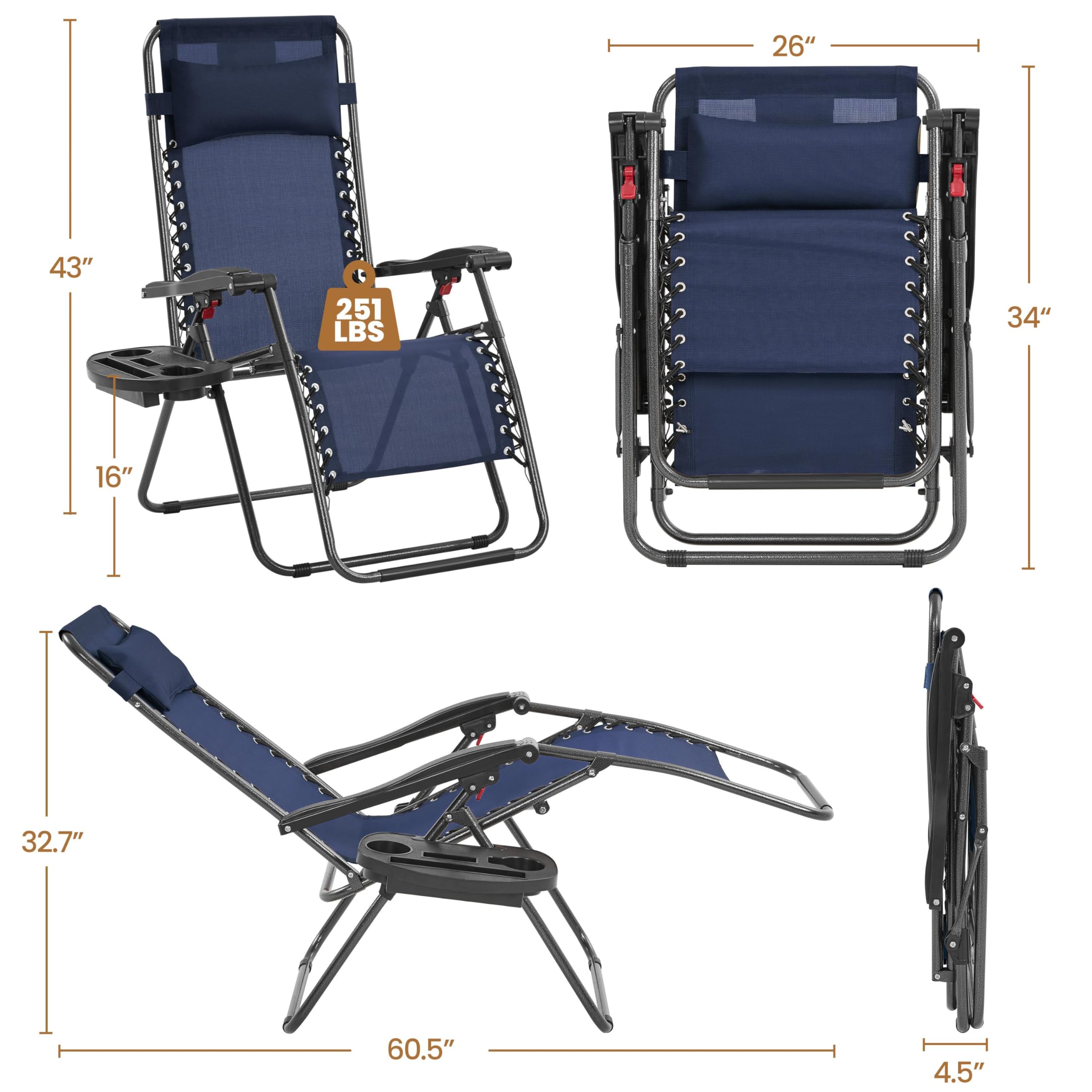 Yaheetech 26' Zero Gravity Recliners Outdoor Adjustable Folding Reclining Lounge Chairs W/Pillows, Cup Holder Trays And Carry Strap For Patio Backyard Beach Navy Blue Set Of 2
