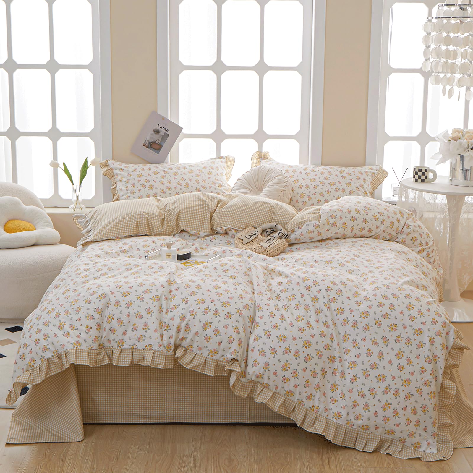 Vm Vougemarket Ruffle Bedding Set Queen Vintage Yellow Pink Flower Duvet Cover With Zipper Ties Girls Romantic Lace Comforter Co