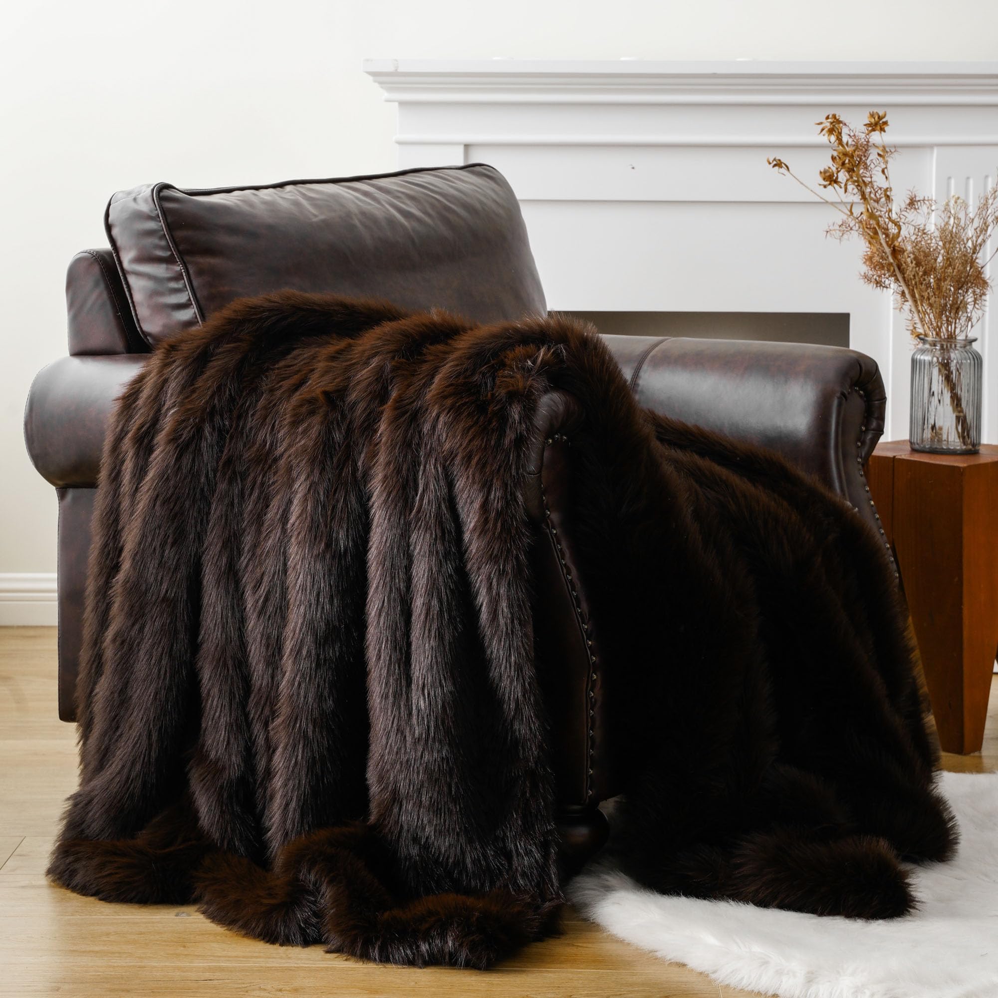 Battilo Home Luxury Fluffy Brown Faux Fur Throw Blanket, Cozy Warm Fur Blanket For Couch, Sofa, Chair, Bed, Plush Fuzzy Fur Thro