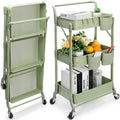 Foldable 3 Tier Rolling Cart, Metal Utility Cart, Folding Mobile Multi-Function Storage Trolley Organizer Cart for Home Library 