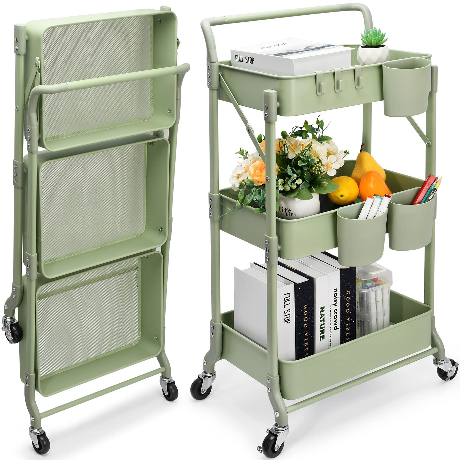 Foldable 3 Tier Rolling Cart, Metal Utility Cart, Folding Mobile Multi-Function Storage Trolley Organizer Cart for Home Library 