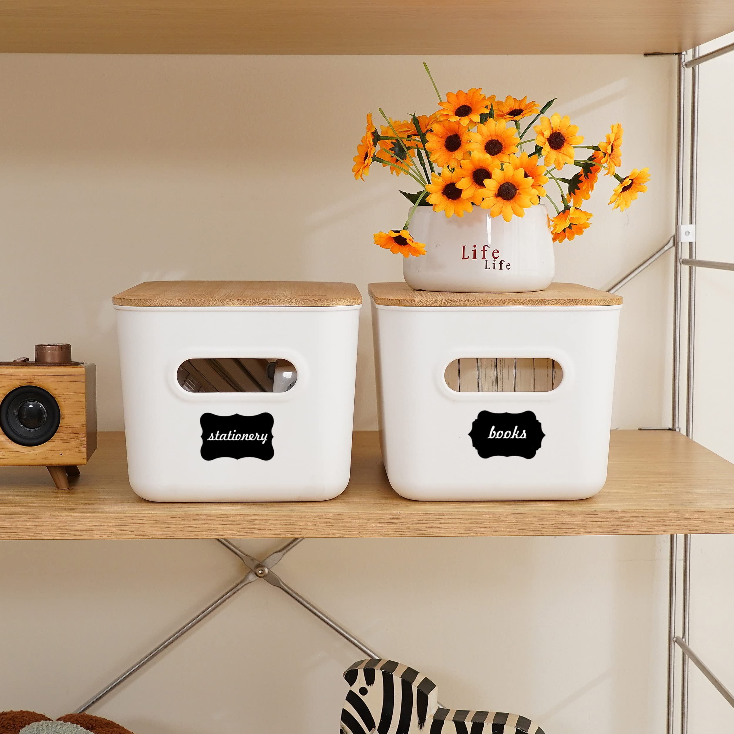 Citylife 2 Pcs Storage Bins With Bamboo Lids Plastic Storage Containers For Organizing Stackable Storage Box With Handle, 10.23