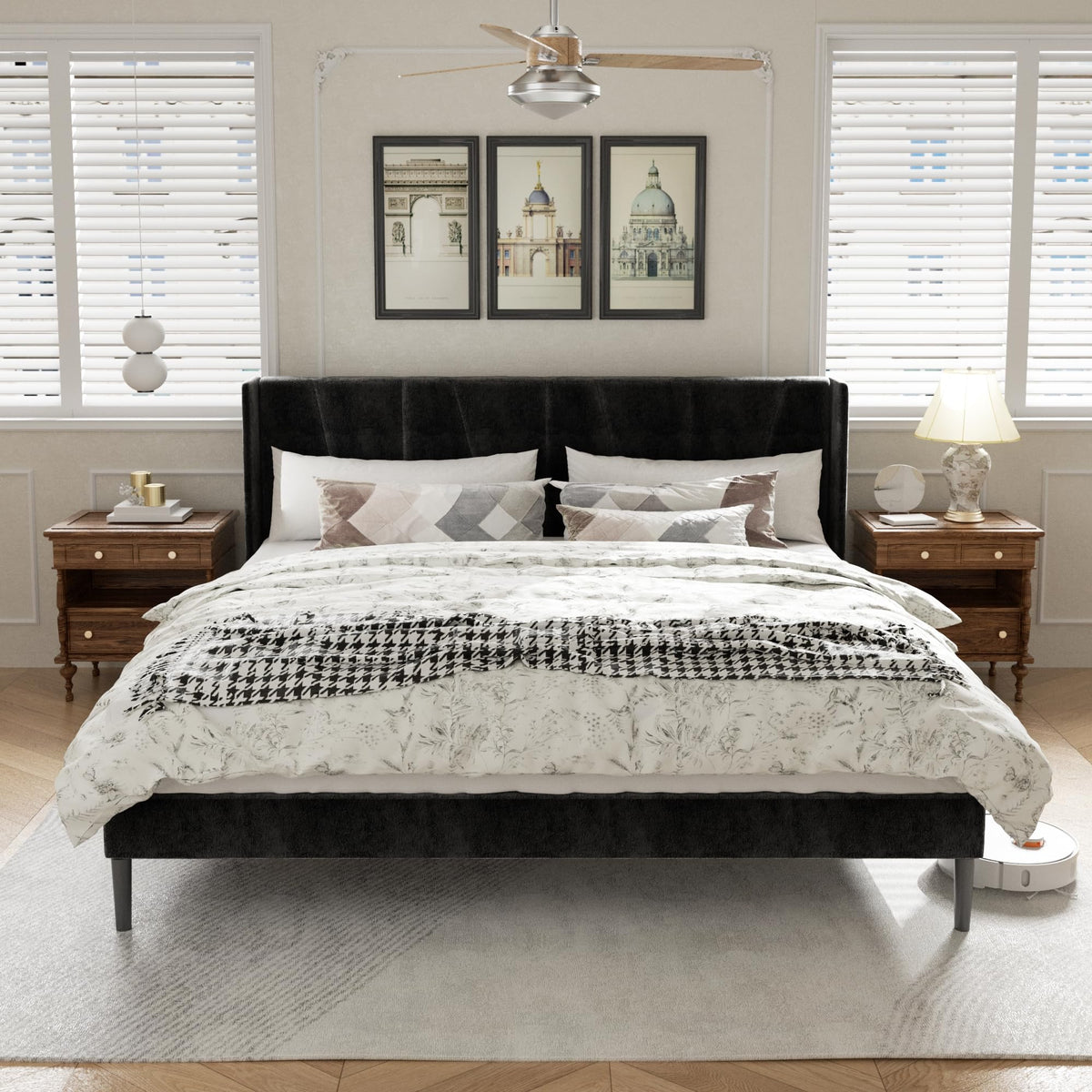 HAOARA King Bed Frame with Headboard, Velvet Upholstered Platform Bed Frames, Contemporary Mattress Foundation, Noise Free, No B