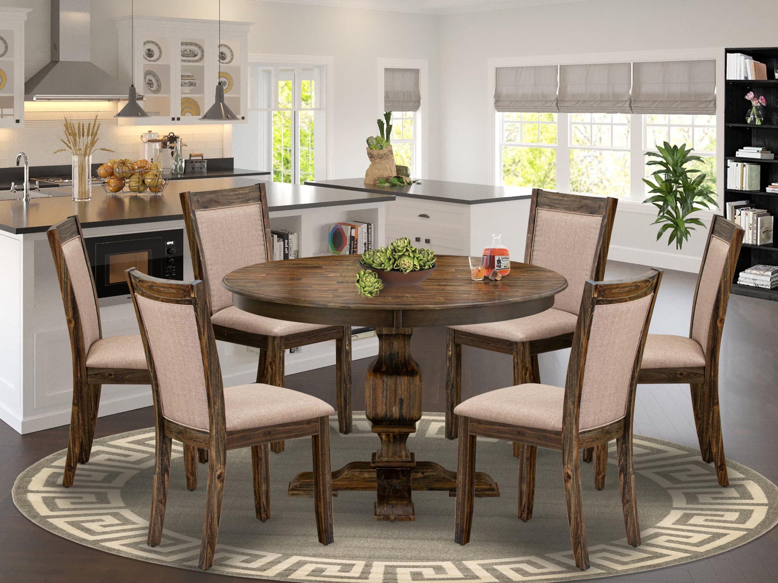East West Furniture F3MZ7-716 7 Piece Dining Set Consist of a Round Dining Room Table with Pedestal and 6 Dark Khaki Linen Fabric Upholstered Parson Chairs, 48x48 Inch, Distressed Jacobean