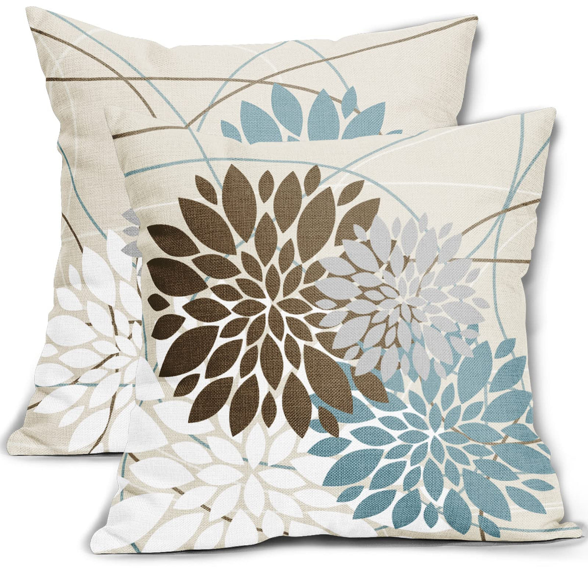 Brown Blue Pillow Covers 18X18 Inch Summer Dahlia Flower Print Pillow Case Farmhouse Outdoor Decor For Home Bedroom Living Room