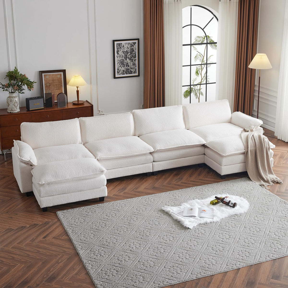 Karl home Sectional Sofa Modular Deep 4-Seat Sofa Couch with 2 Ottomans, Teddy Fleece Sofa Sleeper Comfy Upholstered Furniture f