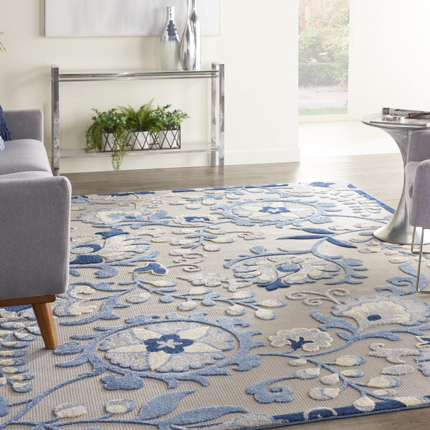 Nourison Aloha Indoor/Outdoor Blue/Grey 9' X 12' Area-Rug,Easy-Cleaning, Non Shedding, Bed Room, Living Room, Dining Room, Deck, Backyard, Patio (9X12)