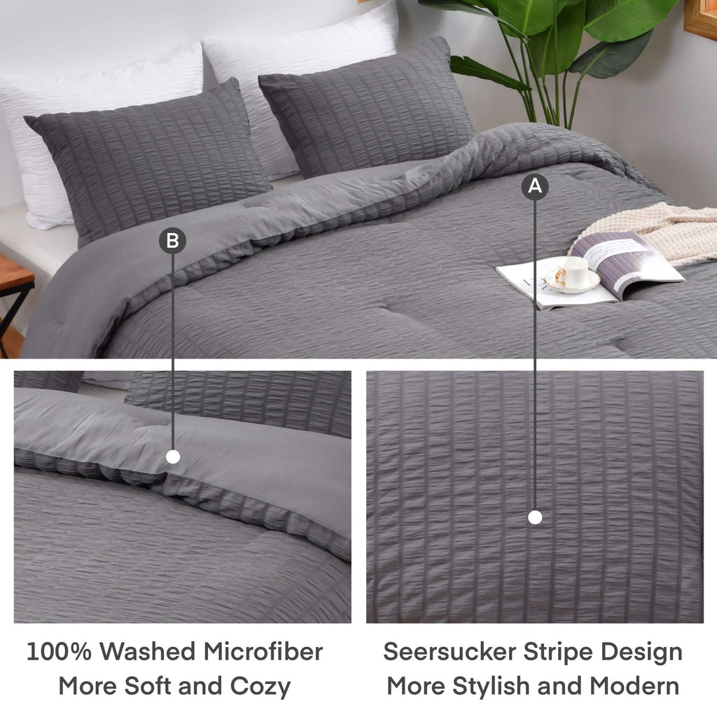 Avelom Seersucker King Comforter Set (104X90 Inches), 3 Pieces - 100% Soft Washed Microfiber Lightweight Comforter With 2 Pillowcases, All Season Down Alternative Comforter Set For Bedding, Gray