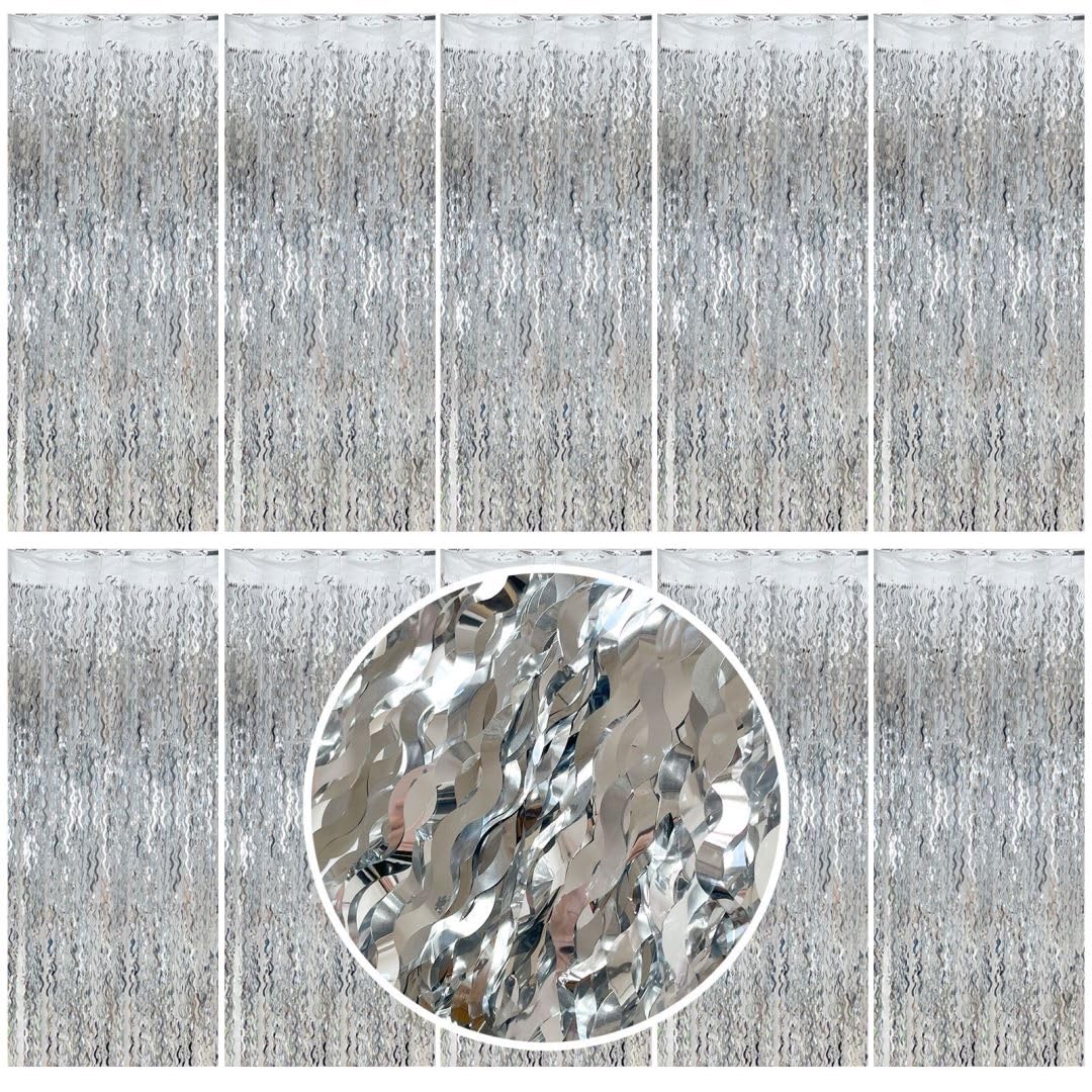 Silver Foil Fringe Tinsel Backdrop - Metallic Tinsel Streamers Curtains Streamer Backdrop Party Backdrop for Prom Decorations Da