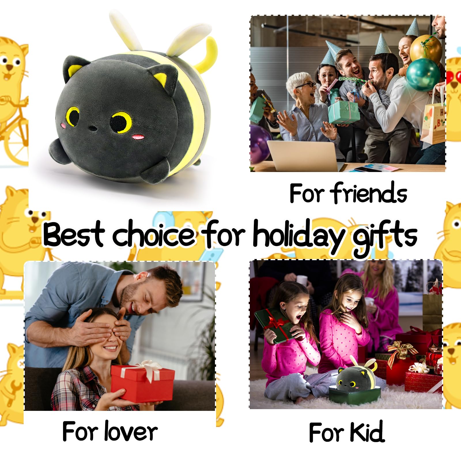 Lsydcarm Black Cat Bee Plush Pillow, 8' Cute Black Cat Honeybee Stuffed Animals, Kawaii Bee Cat Plushie, Soft Stuffed Bee Cat P