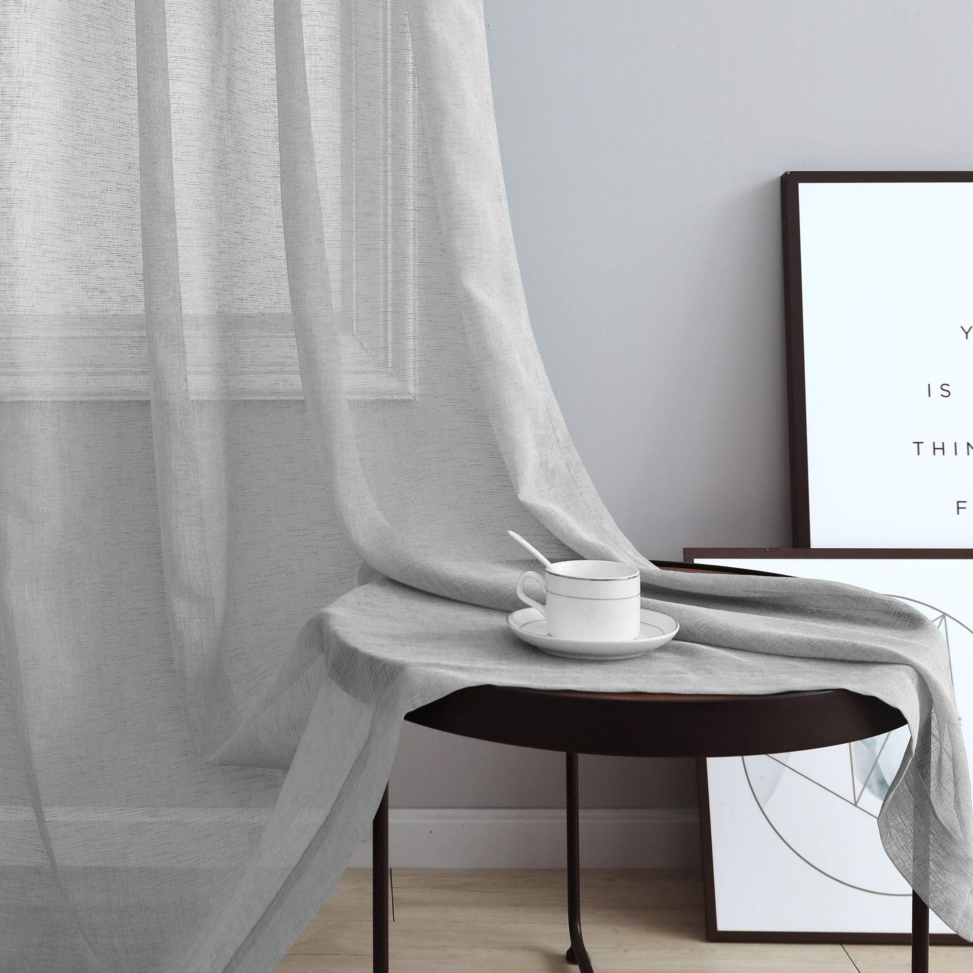 Gray Sheer Curtains 96 Inches Long For Living Room 2 Panels Grommet Woven Textured Voile Drapes Flowy Lightweight Floor Length C