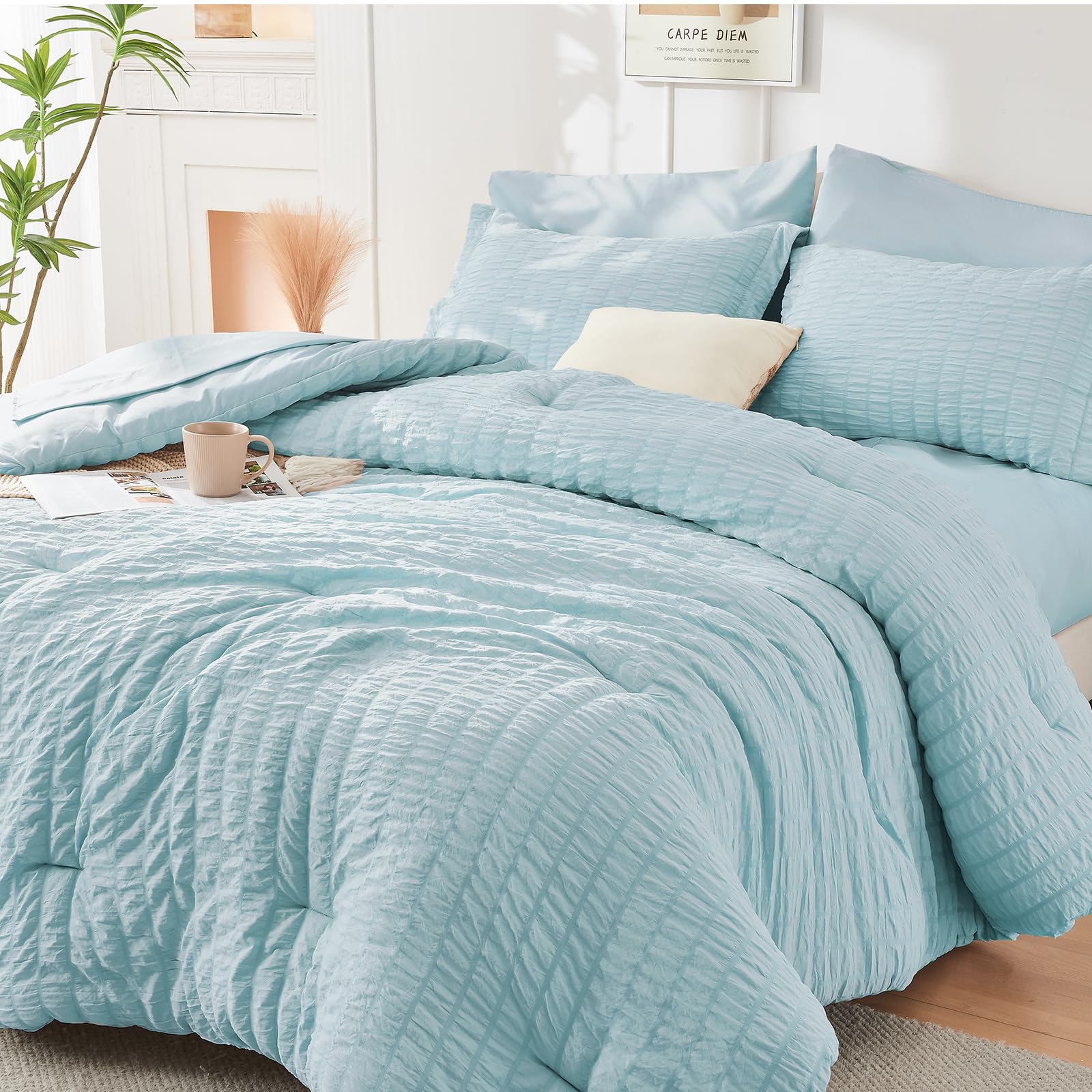 Hymokege Lake Blue Full Size Comforter Sets Seersucker 7 Pieces, All Season Luxury Bed In A Bag For Bedroom, Bedding Set With Co