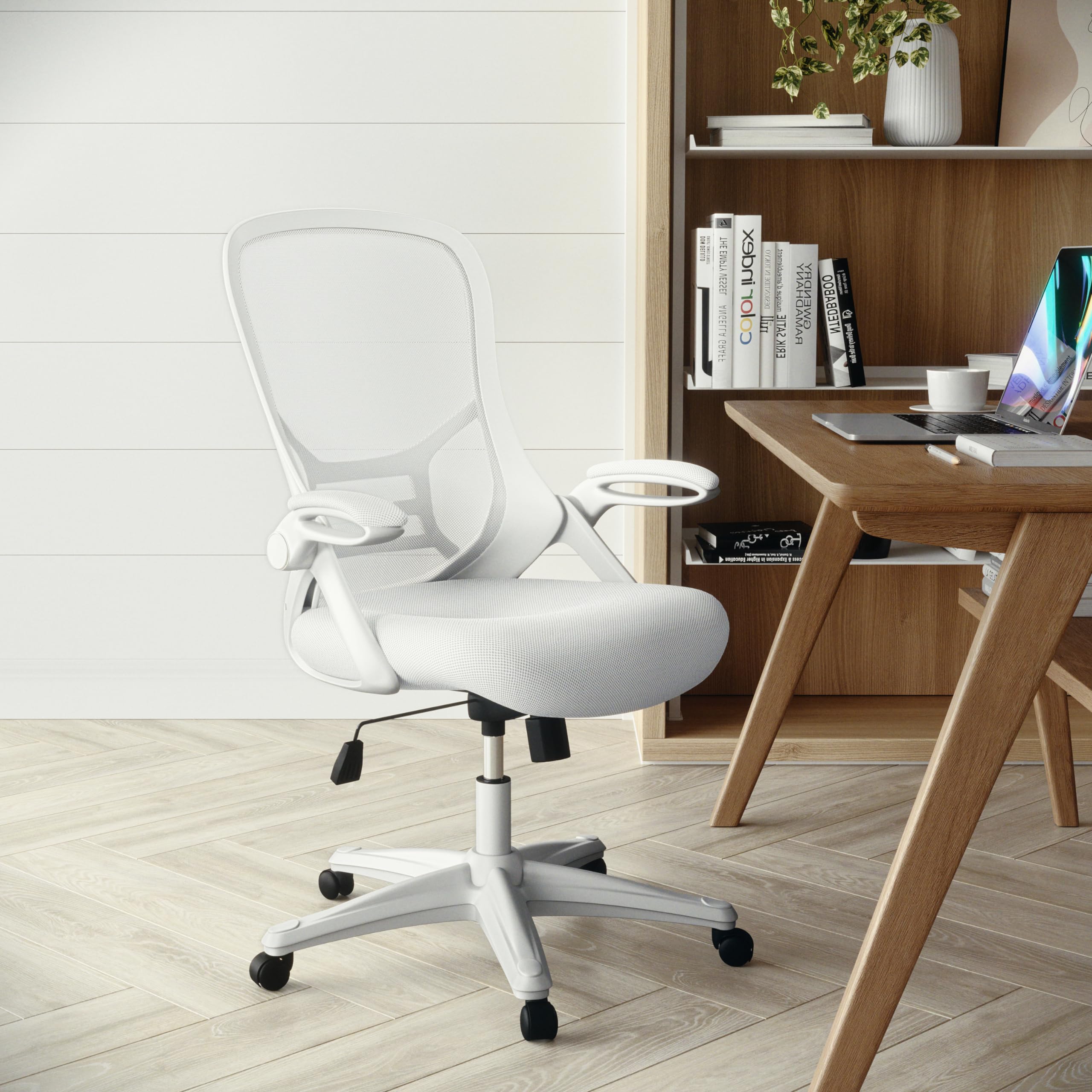 Flash Furniture Porter High-Back Swivel Office Chair with Adjustable Lumbar Support and Seat Height, Ergonomic Mesh Desk Chair with Flip-Up Armrests, White