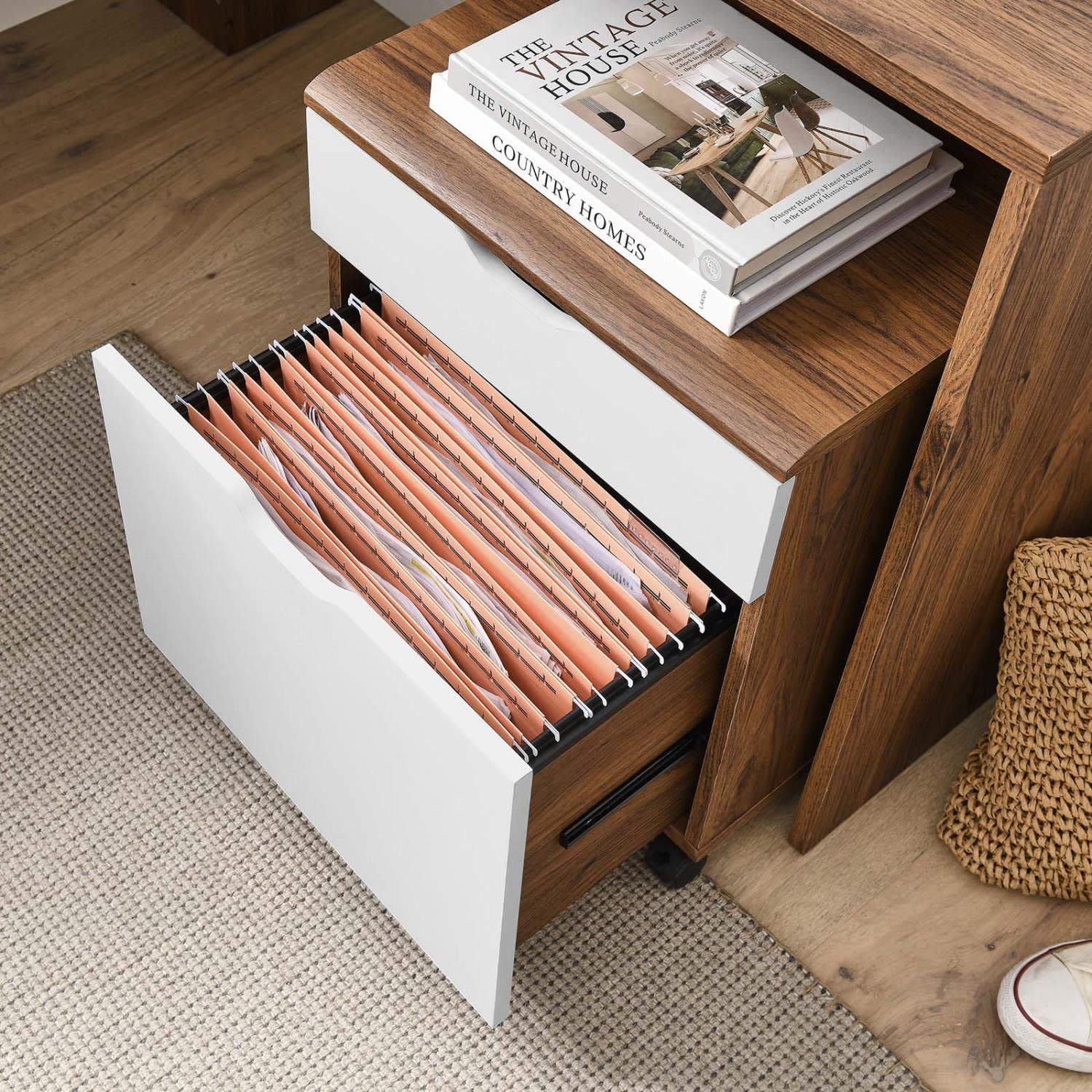 Modway Envision Mid-Century Modern, Desk And File Cabinet Set, Walnut White