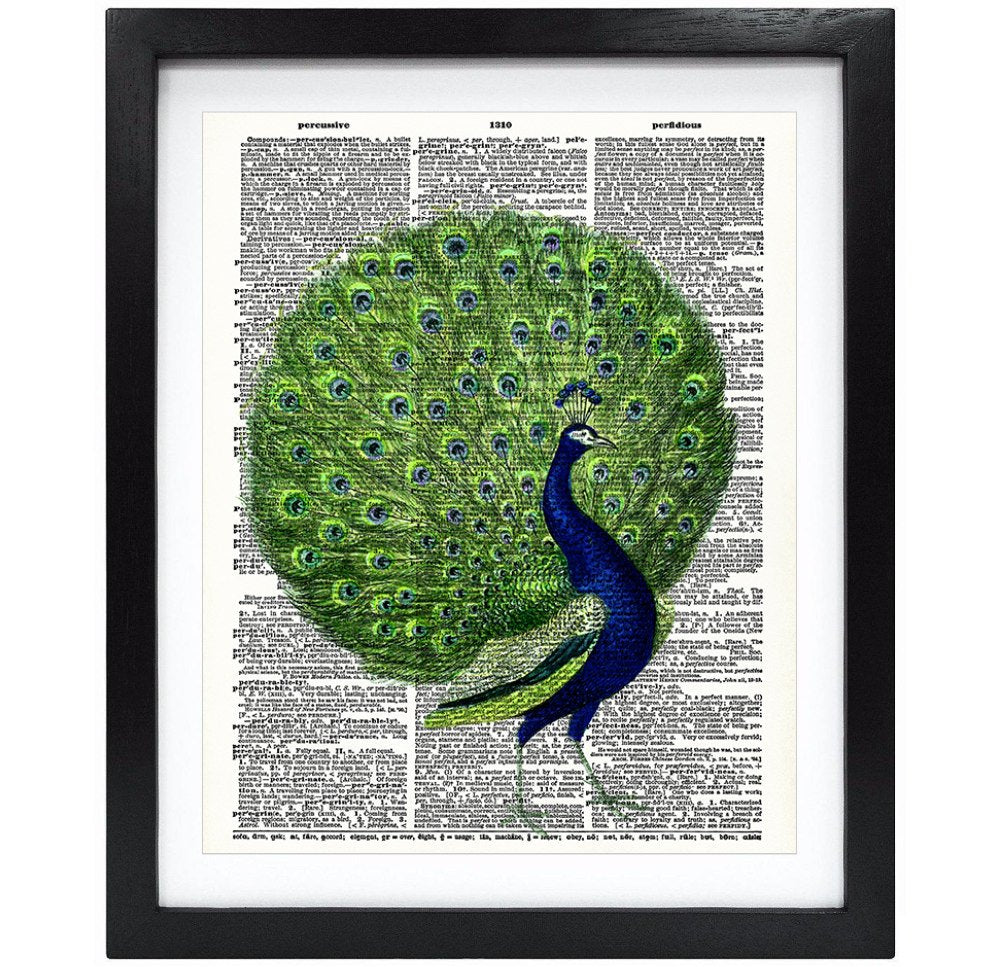 Susie Arts 8X10 Unframed Colorful Peacock Upcycled Vintage Dictionary Art Print Book Art Print Home Decor Wall Art V043