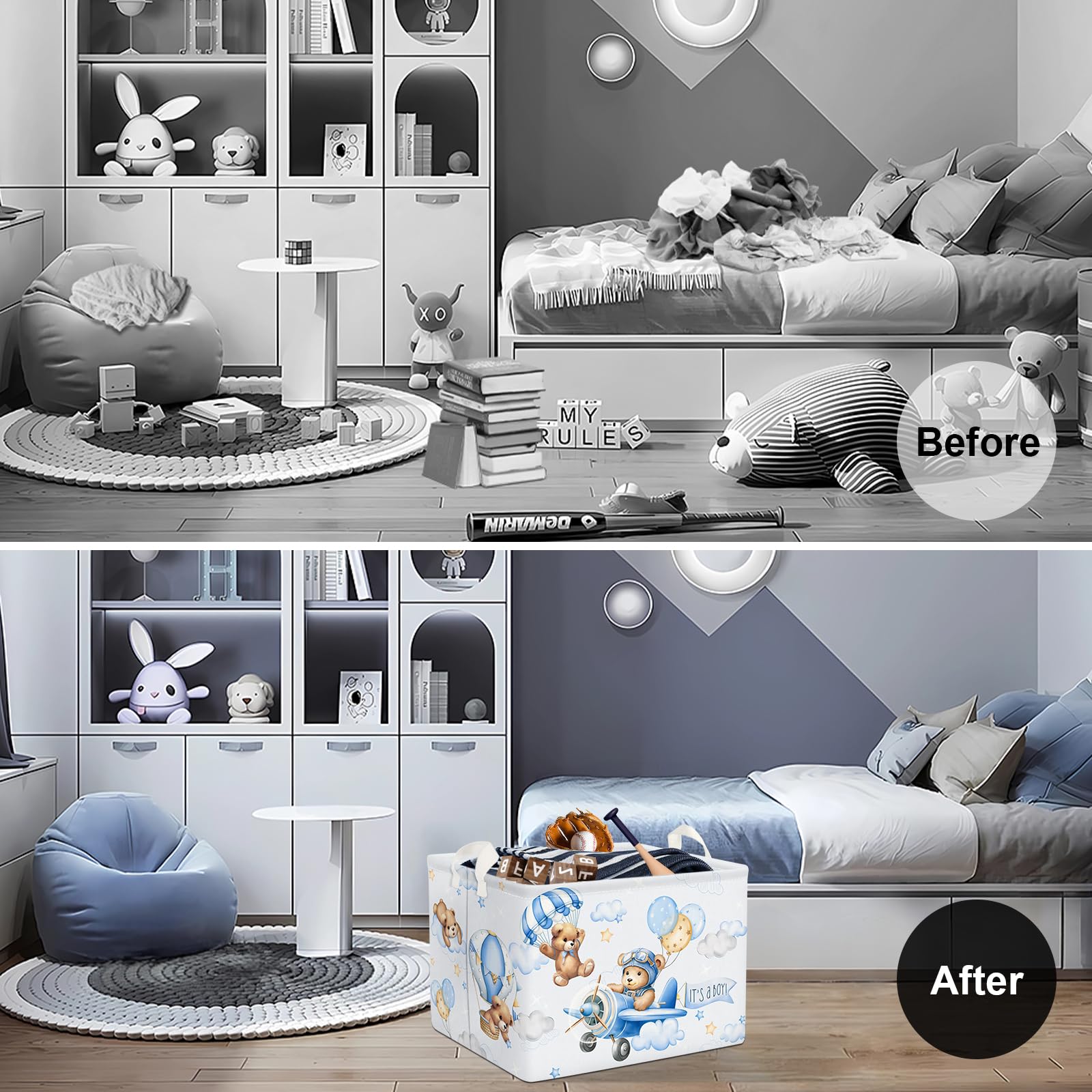 Clastyle 36L Blue Pilot Bear Boy Shower Basket Hot Air Balloon Gift Basket For Kid Room Nursery Pool Toy Towel Book Shelf Basket