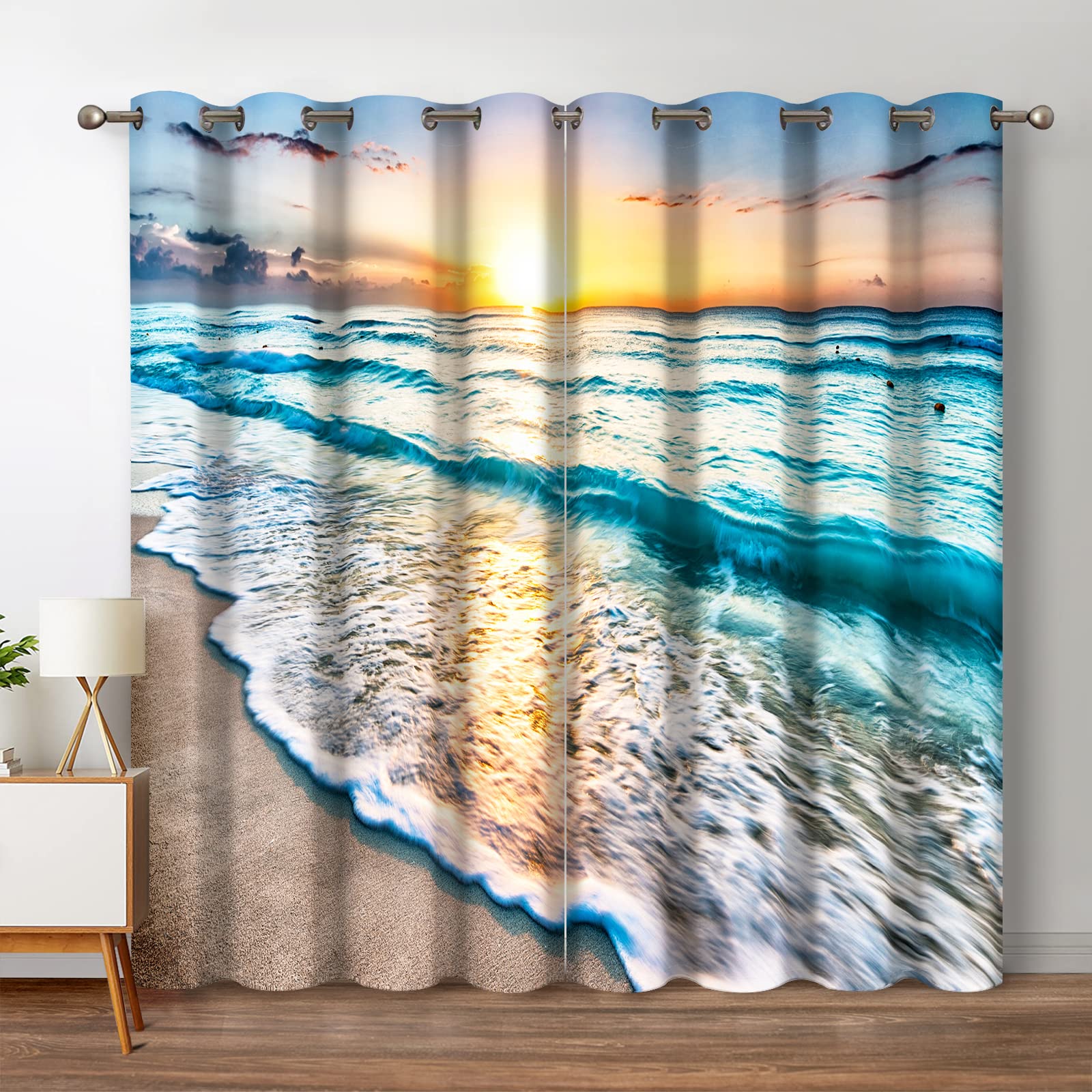 Jekeno Beach Ocean Waves Blackout Curtains Tropical Sea Sunrise Seaside Coastal Scenic Hawaiian Scenery Decor for Home Bedroom L