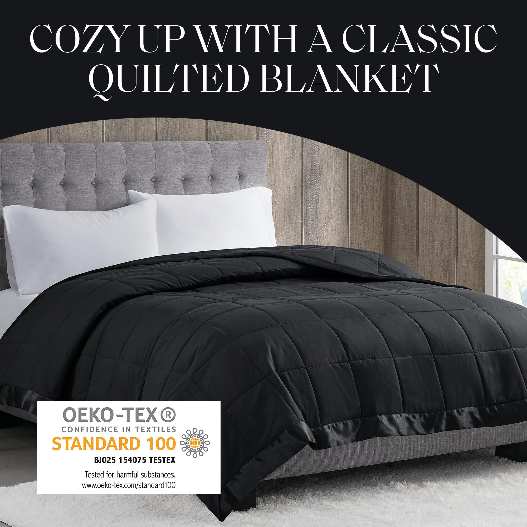Madison Park King Size Blanket Ultra-Soft Microfiber Blanket King Size, Box Quilting With Satin Binding, All Season & Lightweight King Summer Blanket For Bed, Couch & Sofa, King, Balck