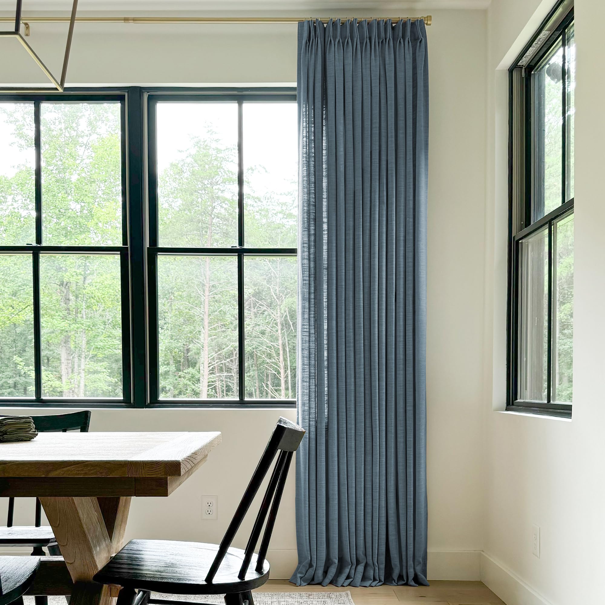 Twopages Double Layer Lined Curtain Aegean Blue Linen Blend Light Filtering Pinch Pleat Curtain For Kitchen, Room Darkening Wind