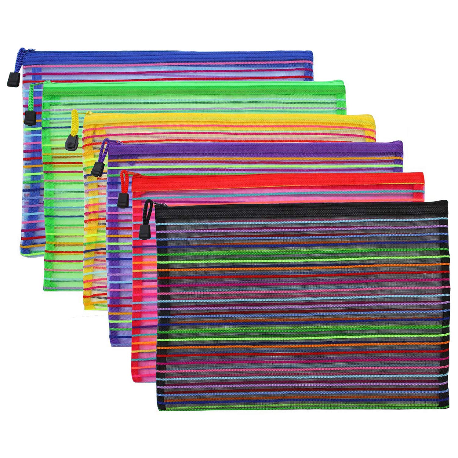 Kabb Zipper Mesh Pouch, 6 Pcs 6 Colors 9.8'X 7' Pencil Pen Document Bag Zipper File Bags Storage Pouch For Travel Cosmetics Ma