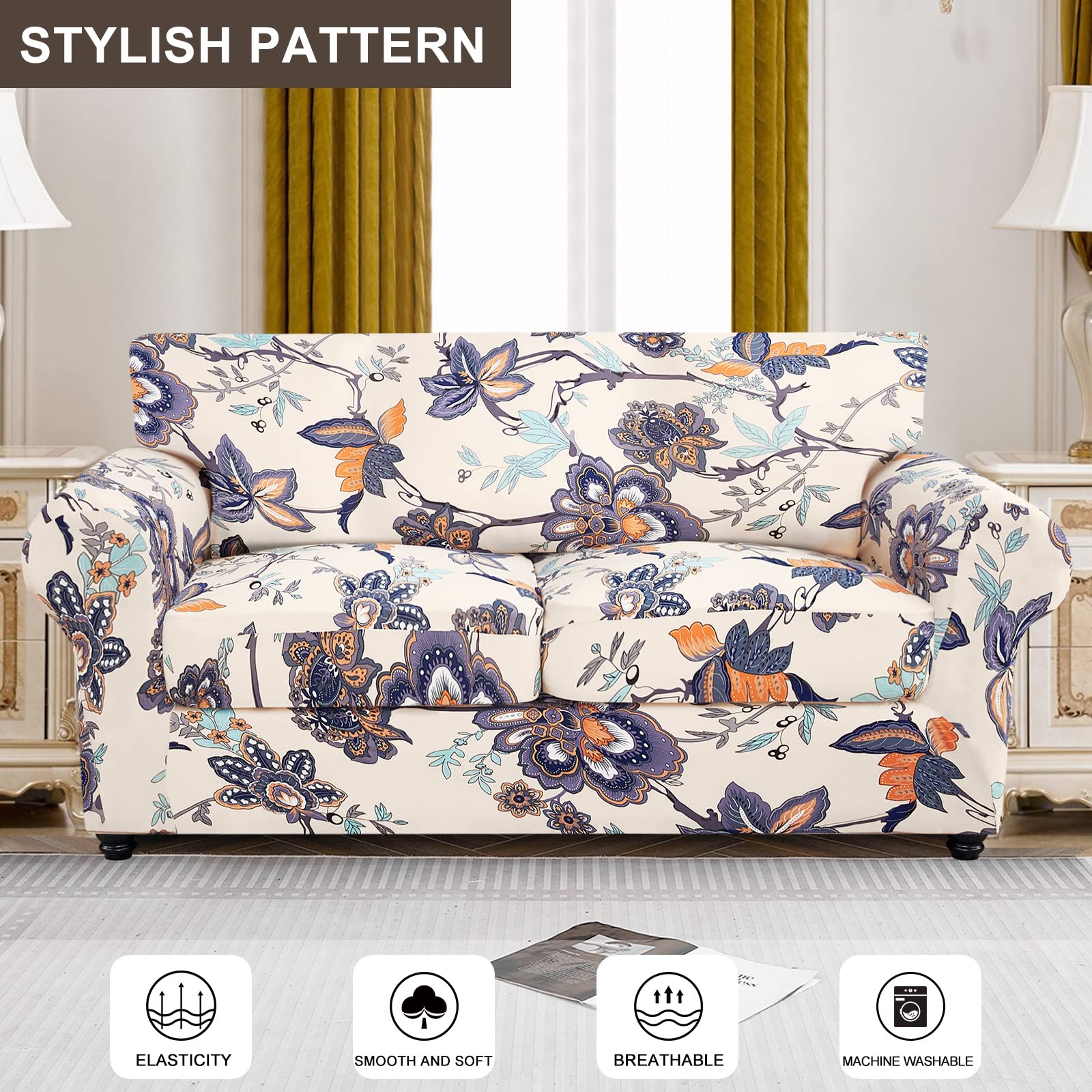 Searchi Stretch Sofa Cover Printed Couch Cover, Floral Pattern 3 Pieces Loveseat Slipcover With 2 Separate Cushion Cover, Washable Furniture Protector For Living Room(Loveseat, Flower Pattern)