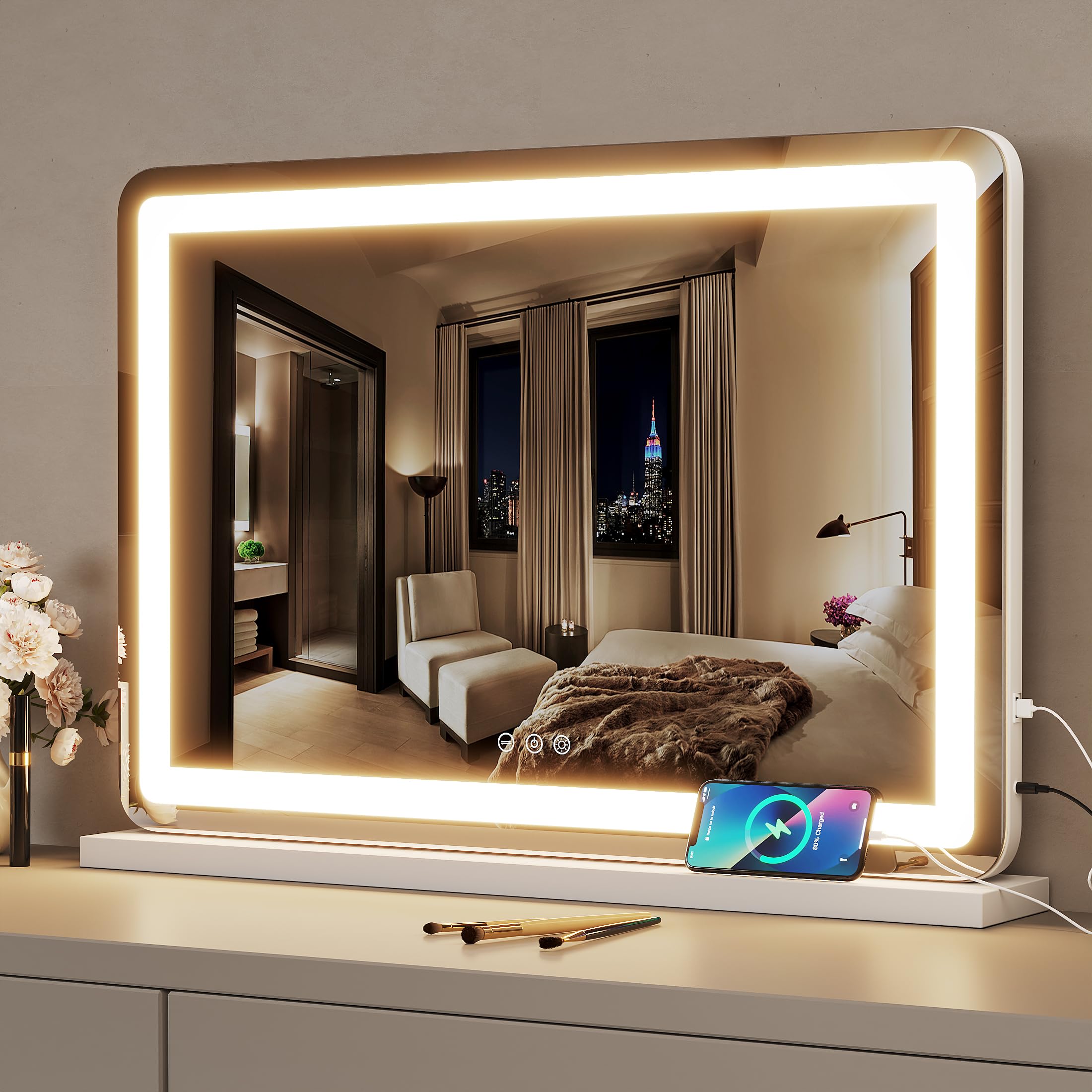 ZL ZELing Vanity Mirror with Lights, 32  x 23 , LED Makeup Mirror, Dimmable 3-Color Lighting, 5X Magnification, Touch Screen Con