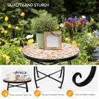 Vingli Mosaic Outdoor Side Table, 14' Round End Table, Accent Table, Plant Stand Ideal For Pool Side, Porch, Patio, Deck Or Sofa Side, Glass Top Black Iron, Golden Yard