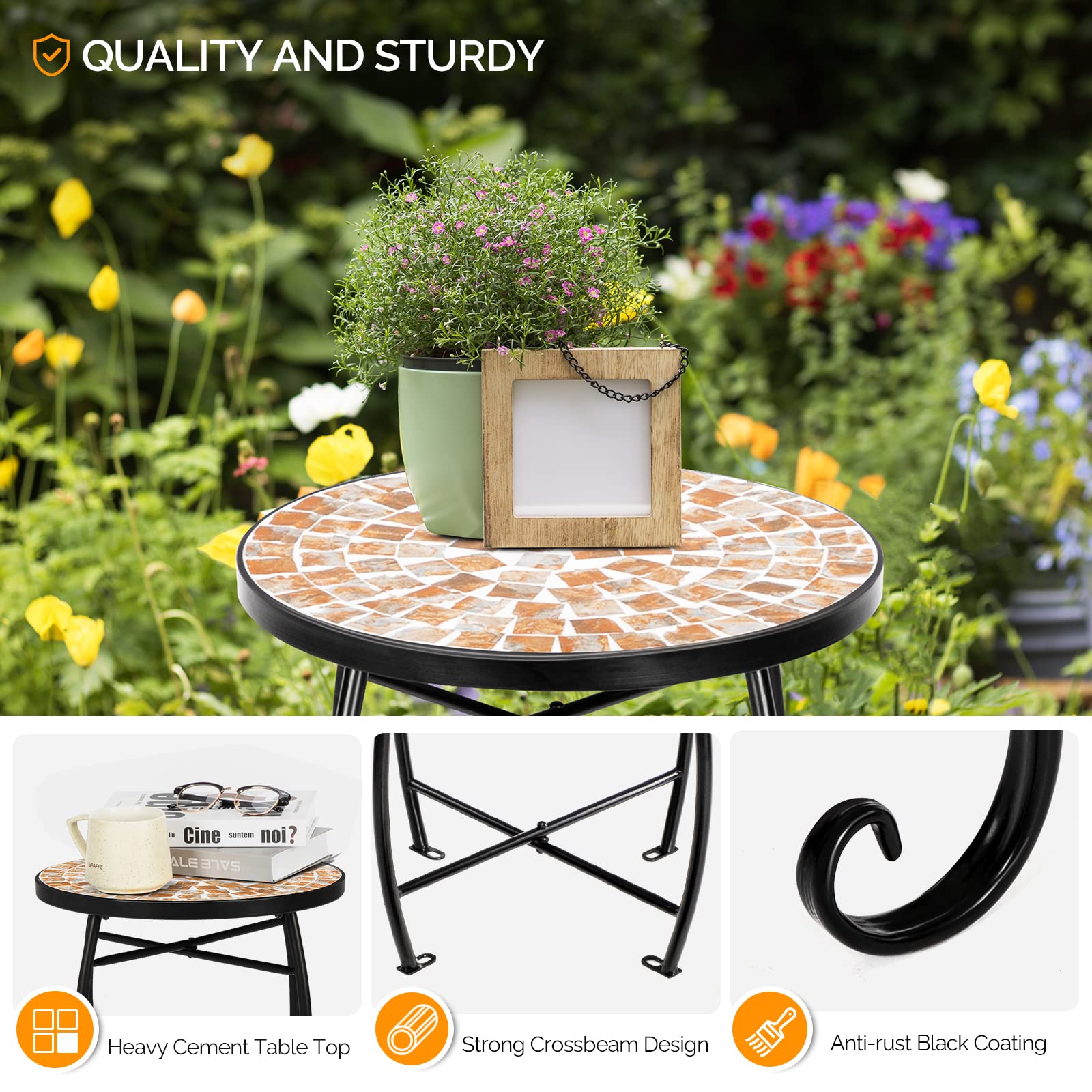 Vingli Mosaic Outdoor Side Table, 14' Round End Table, Accent Table, Plant Stand Ideal For Pool Side, Porch, Patio, Deck Or Sofa Side, Glass Top Black Iron, Golden Yard