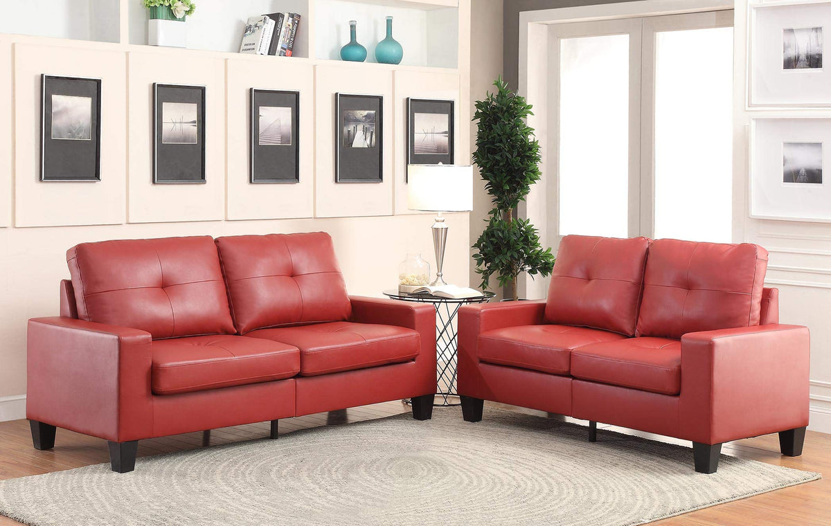 HomeRoots Linen Fabric, Wood Frame, 71' Red Pu Platinum Sofa and Loveseat