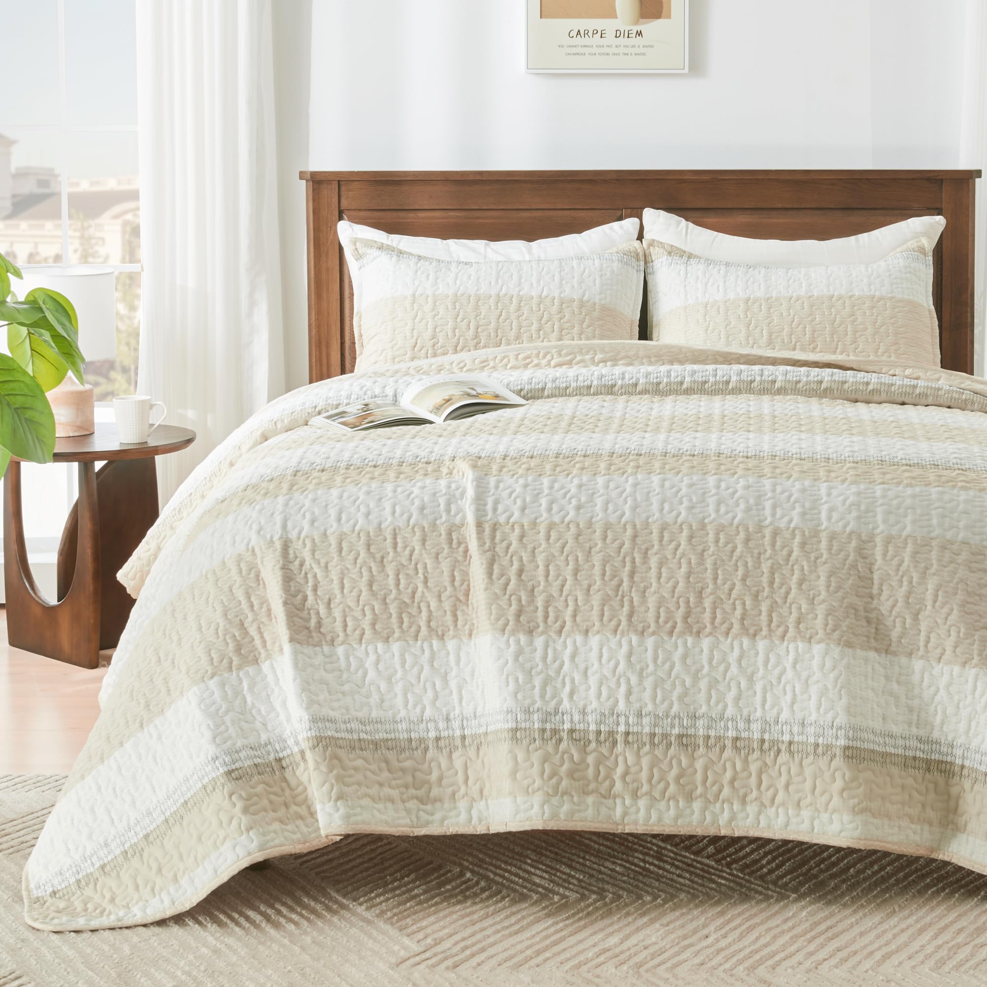 Andency Queen Quilt Bedding Set Beige, 3 Pieces Patchwork Beige Striped Ultra Soft Lightweight Bedspreads, Coverlets Set With 2