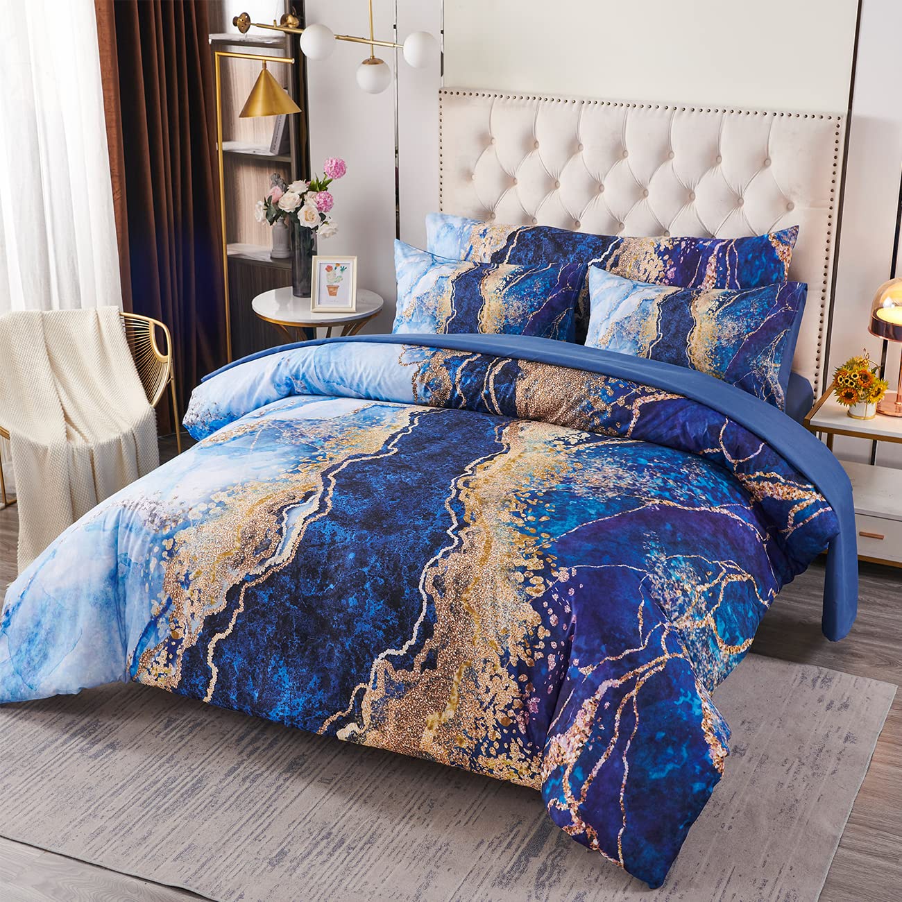 Perfemet 6-Piece California King Blue Comforter Set Watercolor Marble Printed Bed In A Bag Coloful Artwork Design Bed Set With C