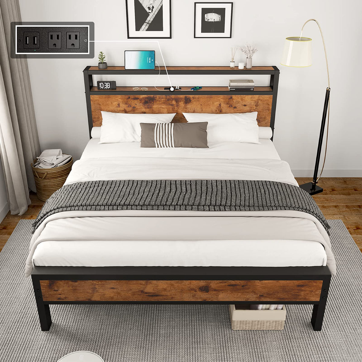 AMERLIFE Full Size Bed Frame, Industrial Platform Bed with Charging Station, 2-Tier Storage Headboard/No Box Spring Needed/Noise