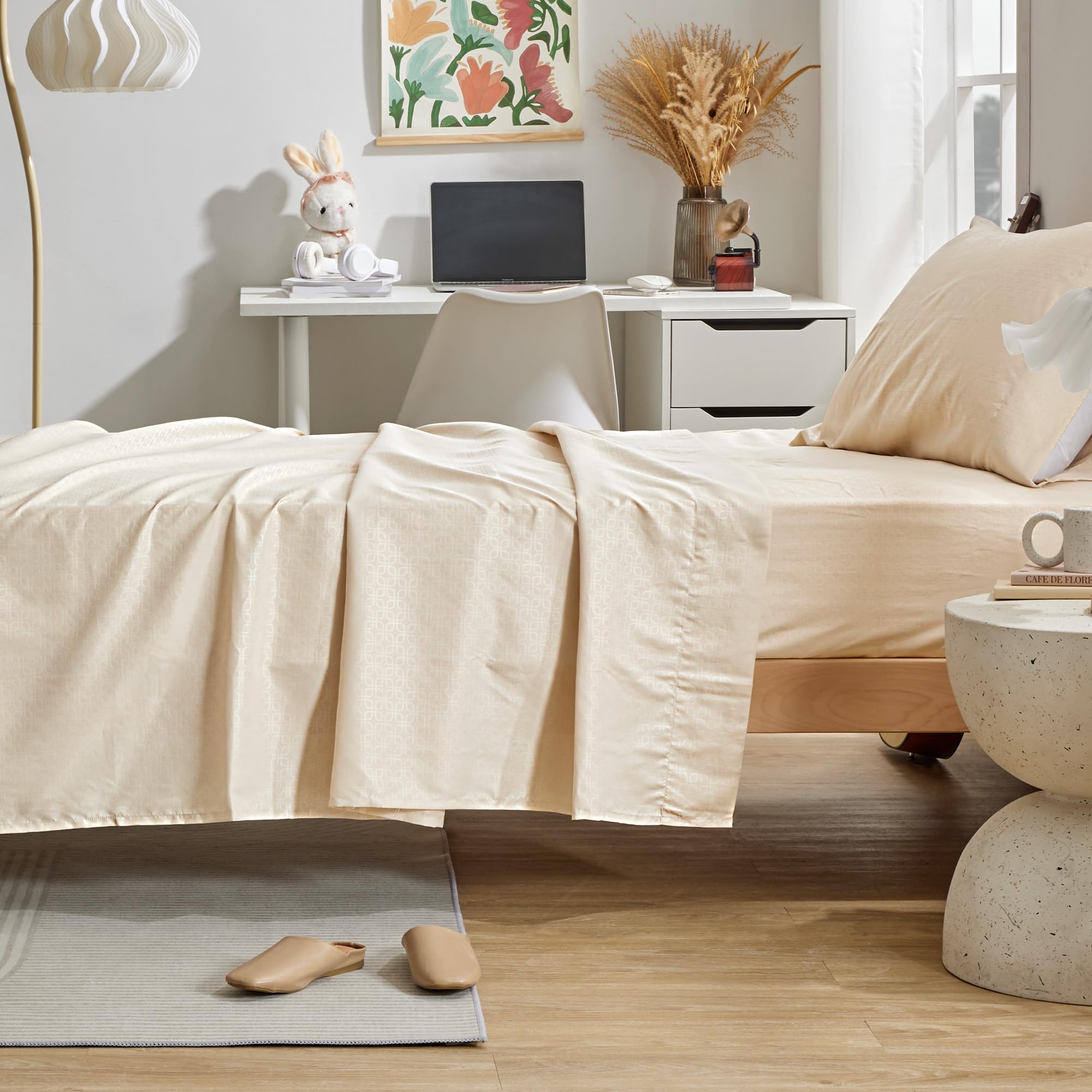 Sleep Zone 3 Pieces Sheet & Pillowcase Sets, Luxury Embossed Sheets Set For Kids, Deep Pocket 16',Super Soft, Wrinkle Free, Fade Resistant, Easy Care (Beige-Four Leaf Clove, Twin)