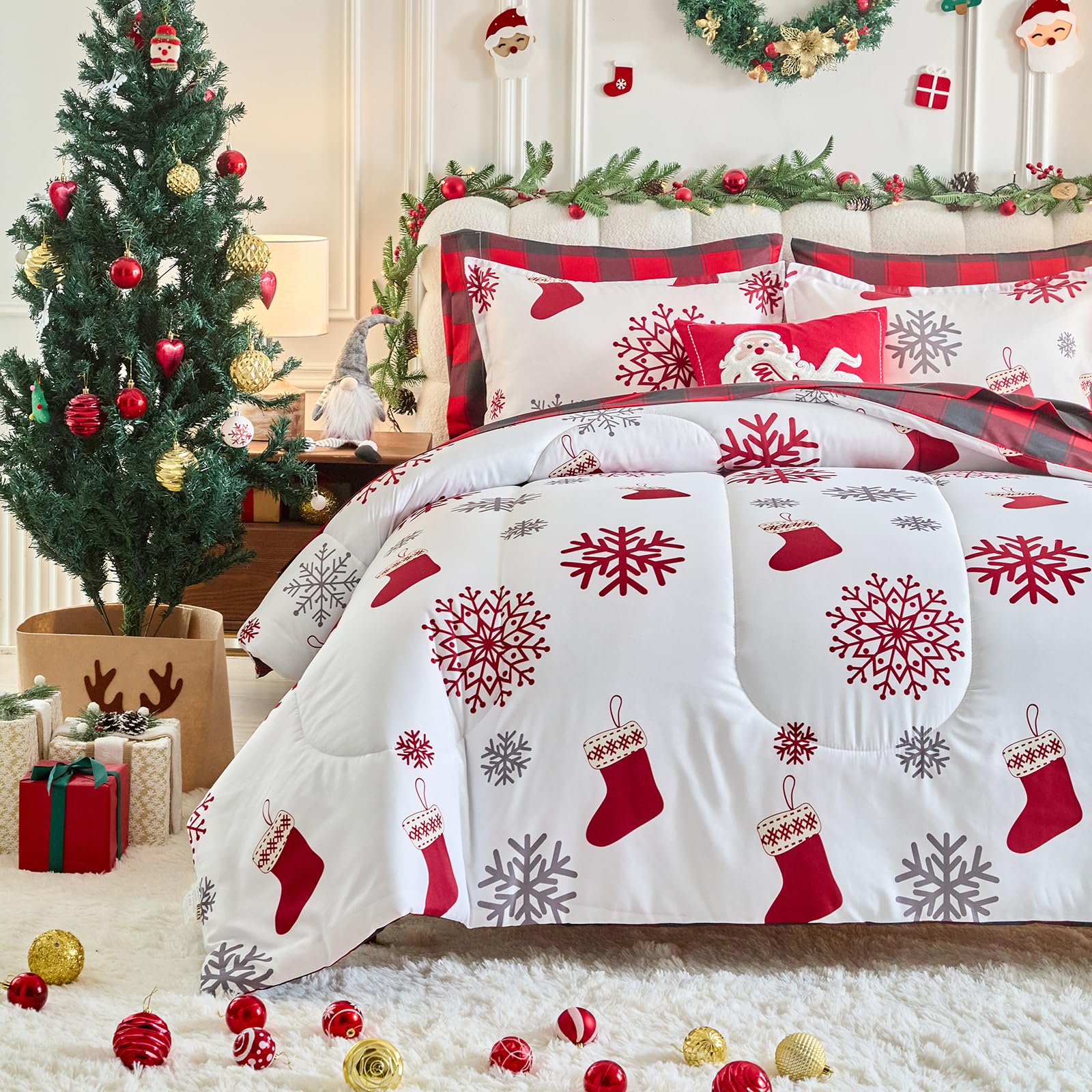 Christmas Comforter Set Queen Size Red Gray Snowflake Socks 3 Pieces Holiday Bedding Set Reversible Red Plaid Gingham Style Soft