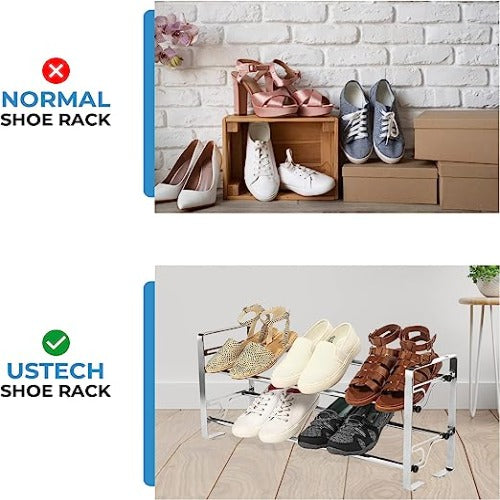 2-Tier Metal Shoe Rack with Slide-n-Adjust, 6-Pair Capacity, Chrome Finish