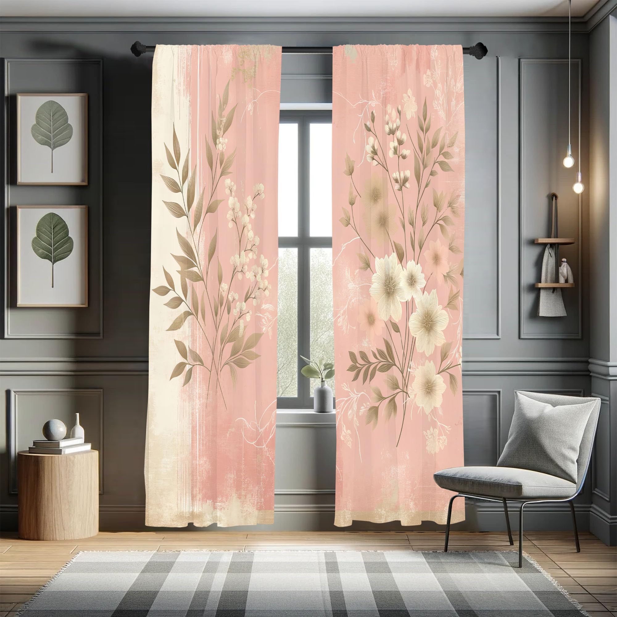 Ambesonne Pink Window Curtains, Leafy Floral Illustration Modern Boho Concept Rose Tones Grunge Art Minimalist, Lightweight Deco